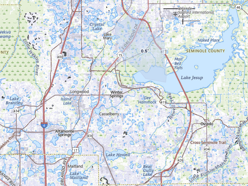 NEXRAD radar-signature map of the hail over Winter Springs, FL