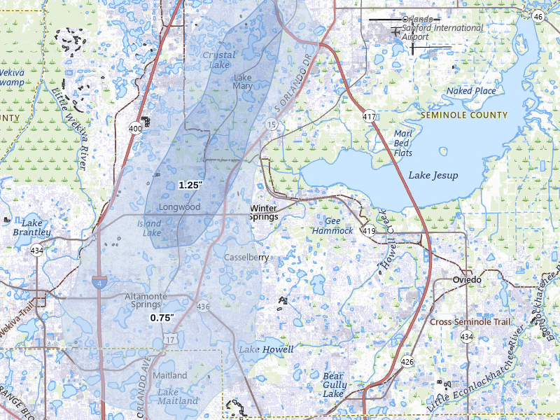 NEXRAD radar-signature map of the hail over Winter Springs, FL