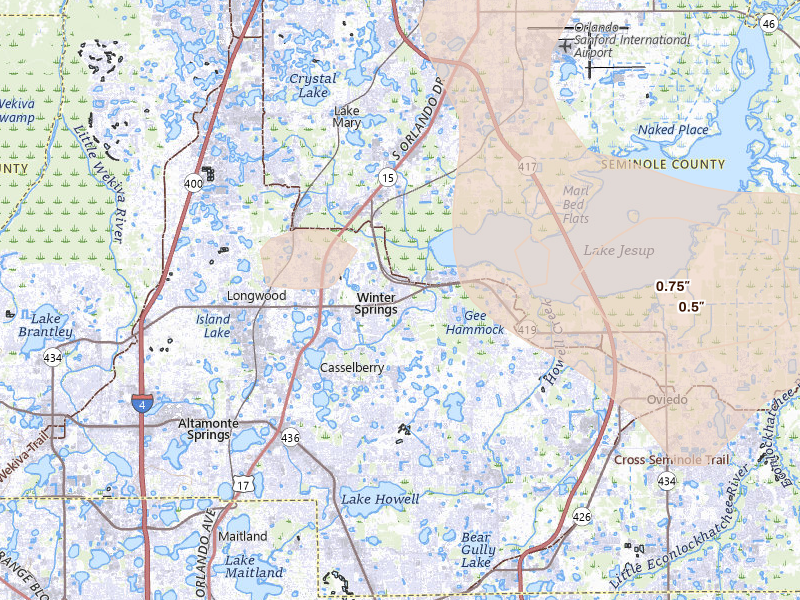 Radar-estimated hail-size map of the storm over Winter Springs, FL on Jul 4, 2026