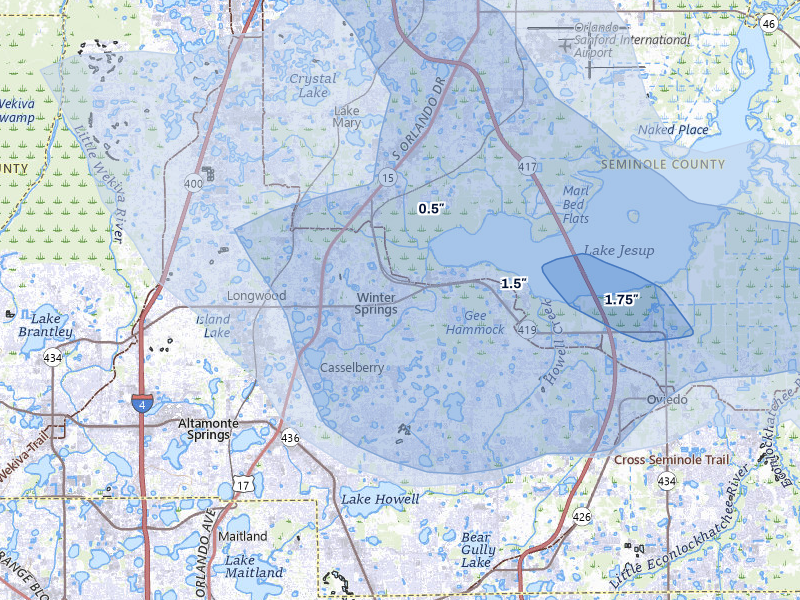 NEXRAD radar-signature map of the hail over Winter Springs, FL