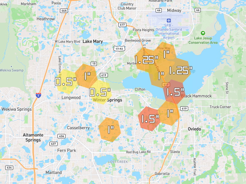 Hail map of Winter Springs, FL on Jul 4, 2026, hail up to 1.5"