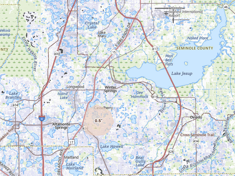Radar-estimated hail-size map of the storm over Winter Springs, FL on Aug 9, 2026