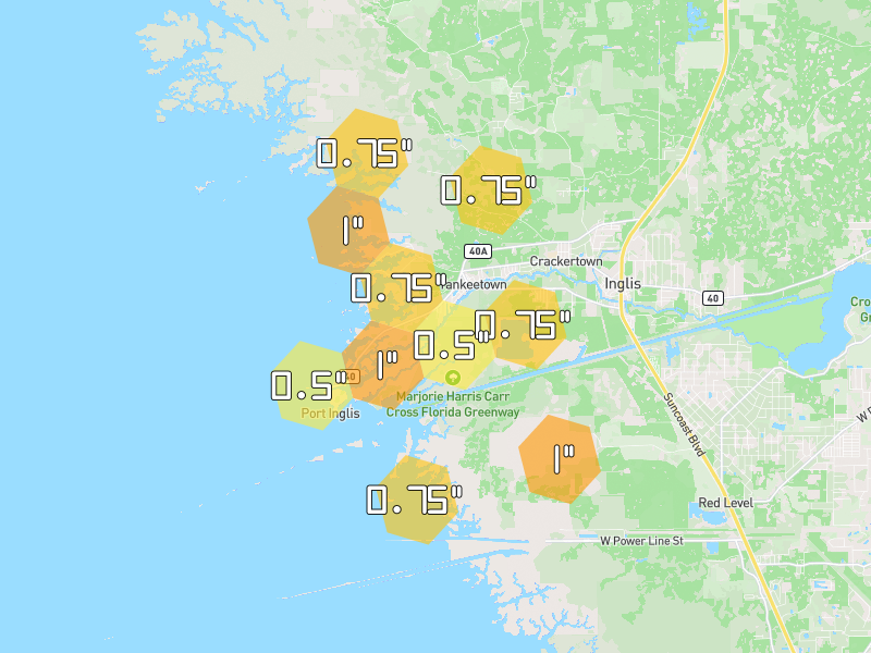 Hail map of Yankeetown, FL on Jul 28, 2026, hail up to 1"