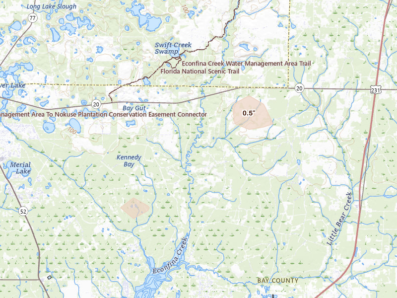 Radar-estimated hail-size map of the storm over Youngstown, FL on Jul 30, 2026