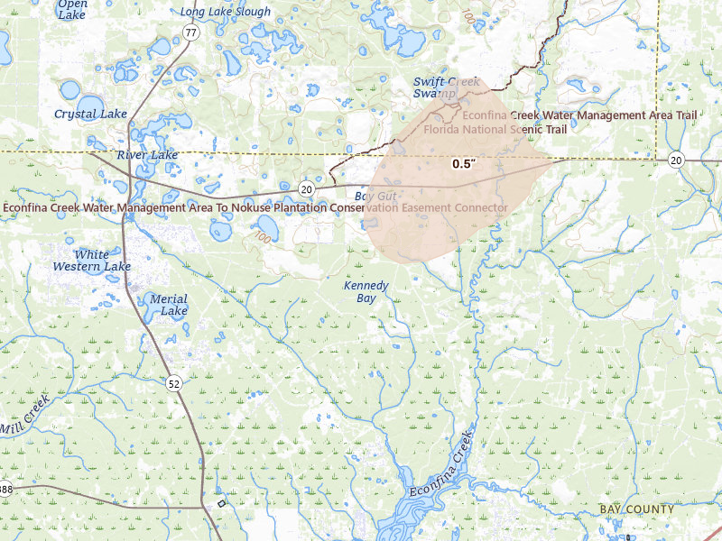 Radar-estimated hail-size map of the storm over Youngstown, FL on Aug 17, 2026