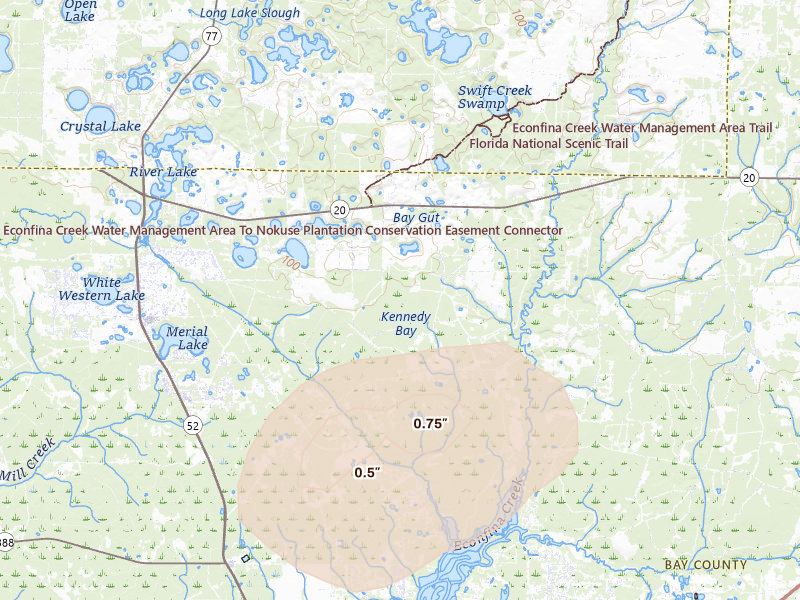 Radar-estimated hail-size map of the storm over Youngstown, FL on Aug 19, 2026