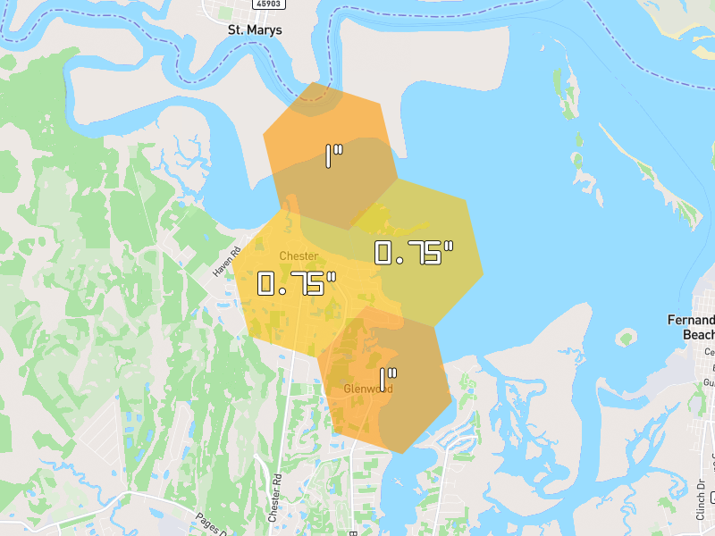 Hail map of Yulee, FL on Jun 27, 2026, hail up to 1"