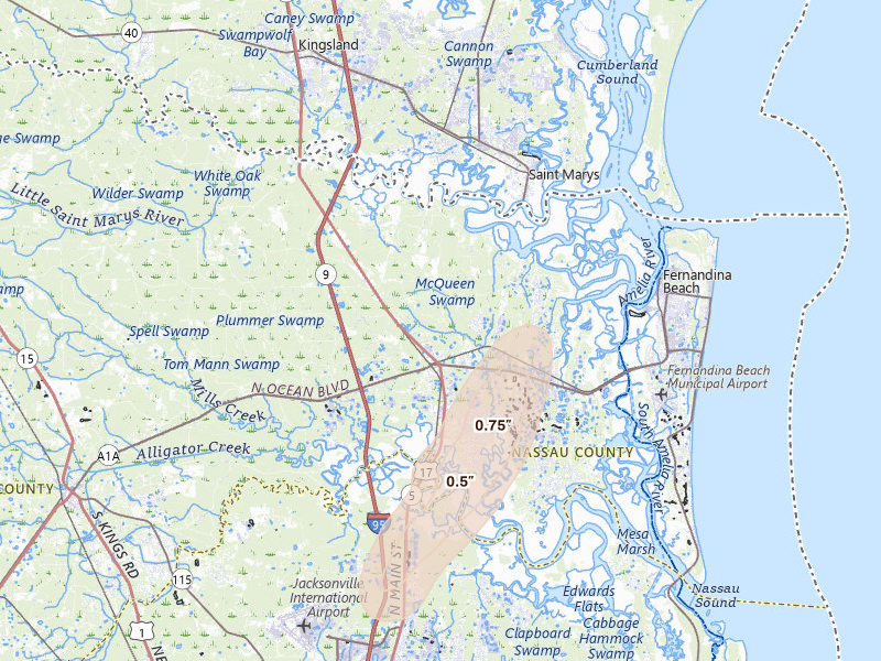 Radar-estimated hail-size map of the storm over Yulee, FL on Jul 5, 2026