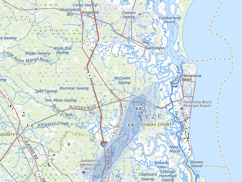 NEXRAD radar-signature map of the hail storm over Yulee, FL on Jul 5, 2026