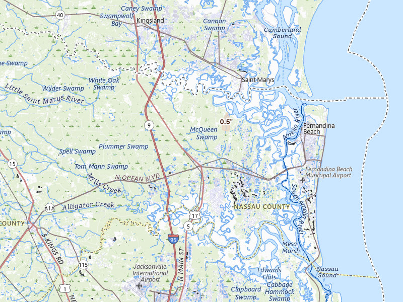 Radar-estimated hail-size map of the storm over Yulee, FL on Jul 7, 2026