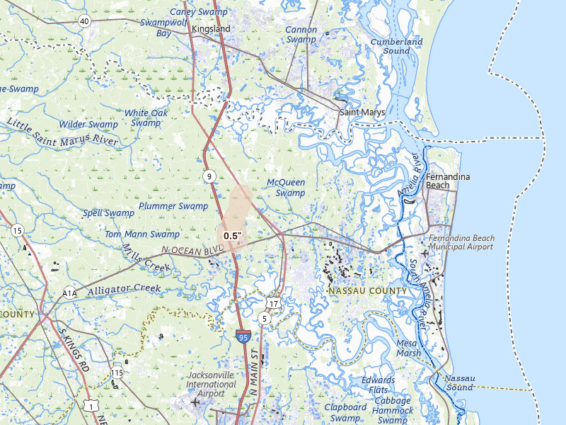 Radar-estimated hail-size map of the storm over Yulee, FL on Jul 25, 2026
