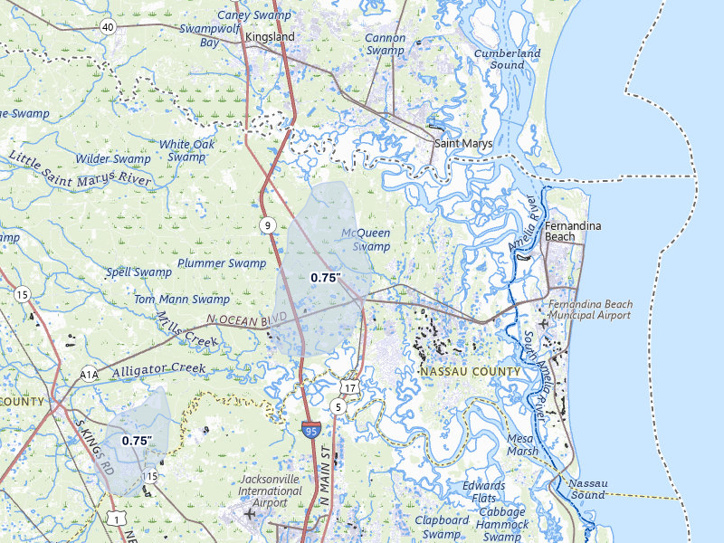 NEXRAD radar-signature map of the hail storm over Yulee, FL on Jul 25, 2026