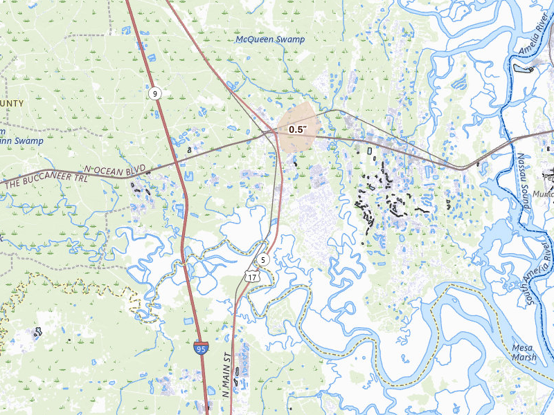 Radar-estimated hail-size map of the storm over Yulee, FL on Aug 9, 2026