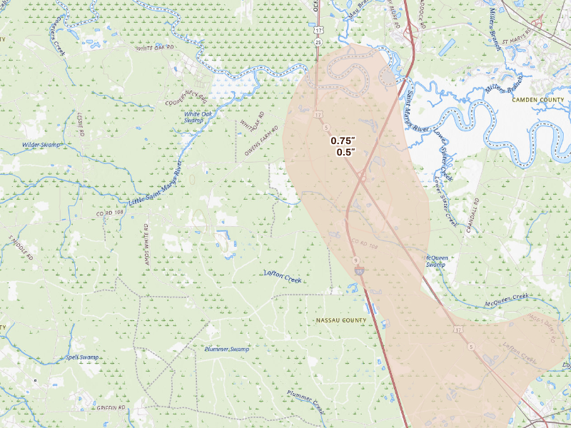 Radar-estimated hail-size map of the storm over Yulee, FL on Sep 11, 2026