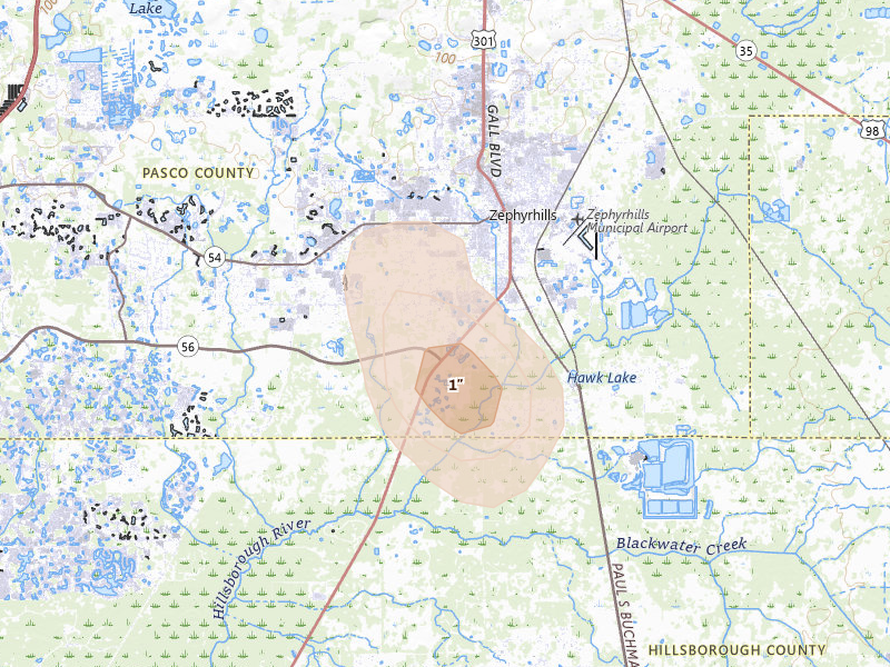 Radar-estimated hail-size map of the storm over Zephyrhills, FL on May 17, 2026