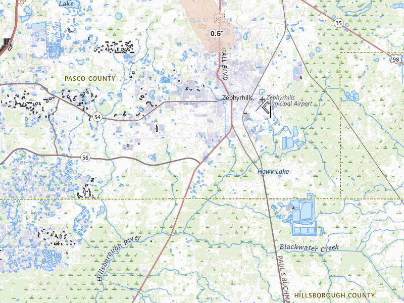 Radar-estimated hail-size map of the storm over Zephyrhills, FL on May 27, 2026