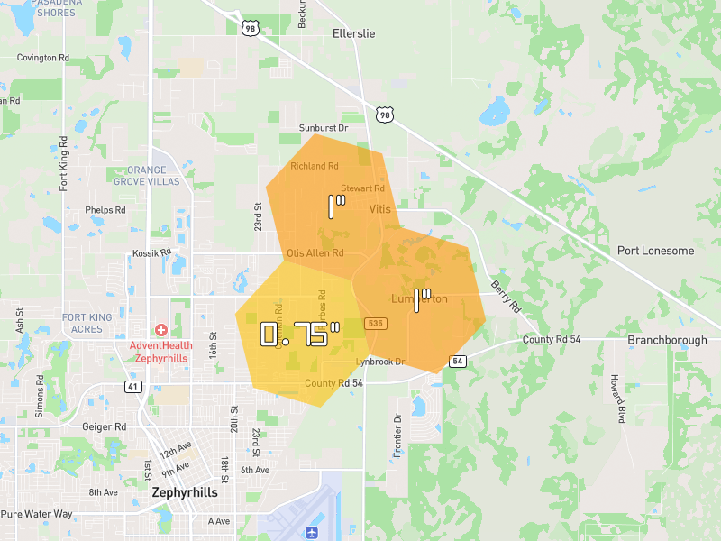 Hail map of Zephyrhills, FL on Jul 13, 2026, hail up to 1"