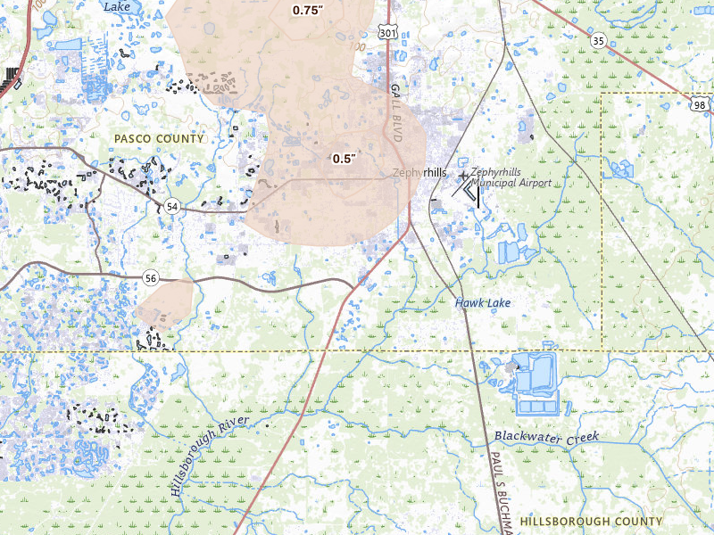 Radar-estimated hail-size map of the storm over Zephyrhills, FL on Aug 14, 2026