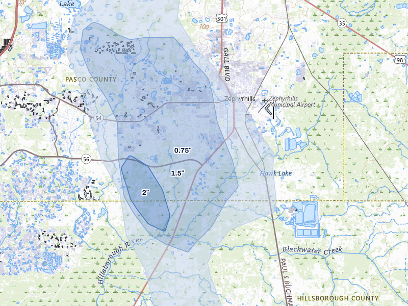 NEXRAD radar-signature map of the hail storm over Zephyrhills, FL on Aug 14, 2026