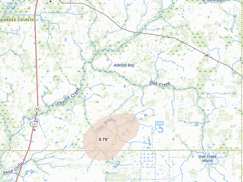 Radar-estimated hail-size map of the storm over Zolfo Springs, FL on Mar 8, 2026