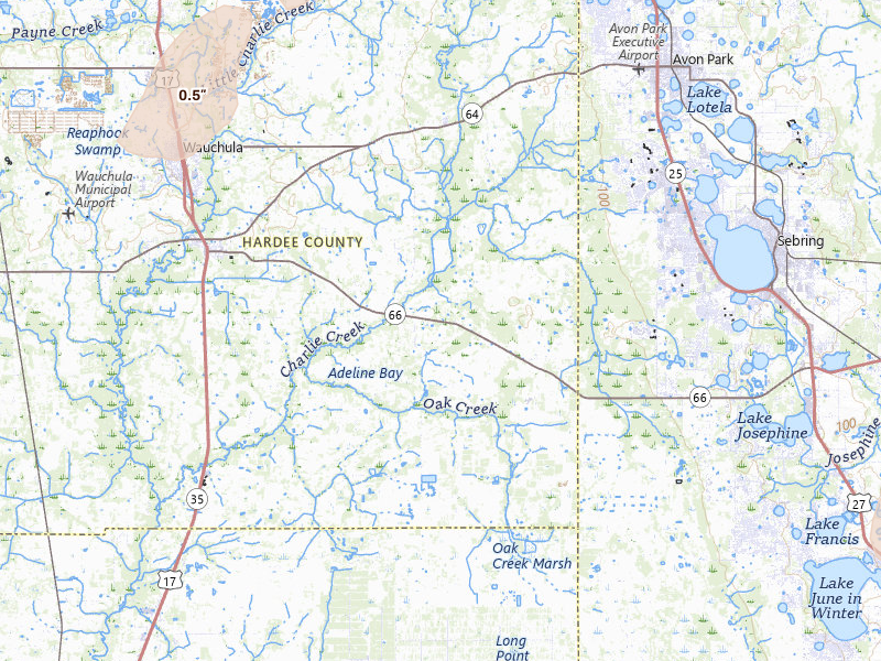 Radar-estimated hail-size map of the storm over Zolfo Springs, FL on Mar 15, 2026