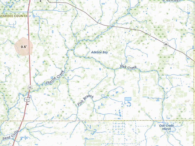 Radar-estimated hail-size map of the storm over Zolfo Springs, FL on May 15, 2026