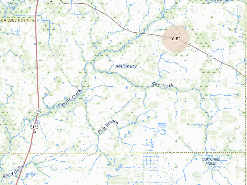 Radar-estimated hail-size map of the storm over Zolfo Springs, FL on May 24, 2026