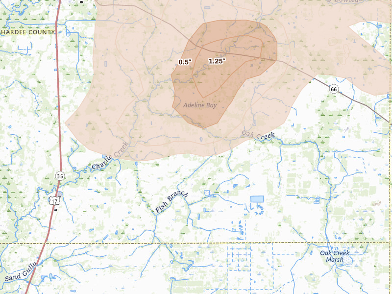 Radar-estimated hail-size map of the storm over Zolfo Springs, FL on Jun 2, 2026