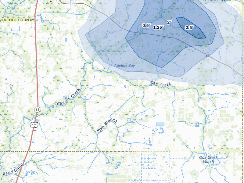 NEXRAD radar-signature map of the hail over Zolfo Springs, FL