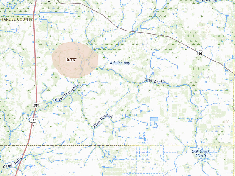 Radar-estimated hail-size map of the storm over Zolfo Springs, FL on Jun 23, 2026