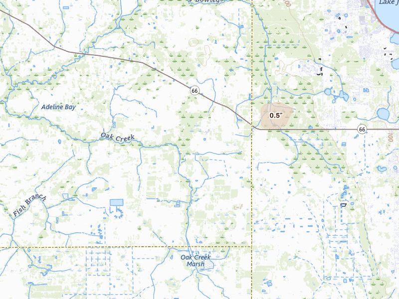 Radar-estimated hail-size map of the storm over Zolfo Springs, FL on Jul 7, 2026