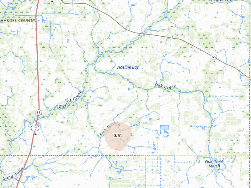 Radar-estimated hail-size map of the storm over Zolfo Springs, FL on Aug 10, 2026