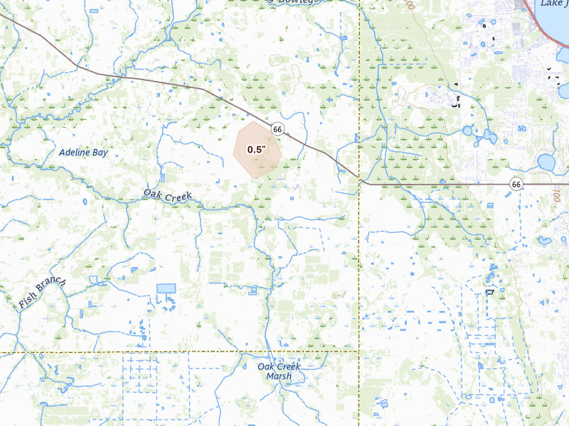 Radar-estimated hail-size map of the storm over Zolfo Springs, FL on Aug 21, 2026