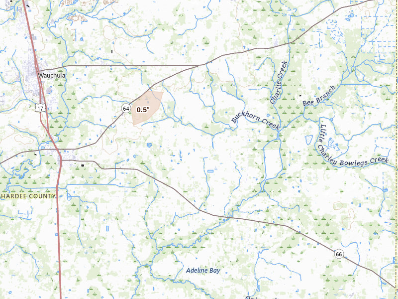 Radar-estimated hail-size map of the storm over Zolfo Springs, FL on Aug 22, 2026