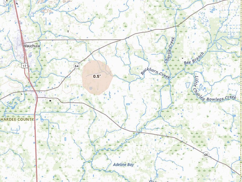 Radar-estimated hail-size map of the storm over Zolfo Springs, FL on Aug 26, 2026