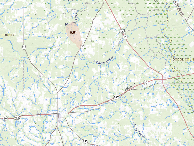 Radar-estimated hail-size map of the storm over Abbeville, GA on May 24, 2026