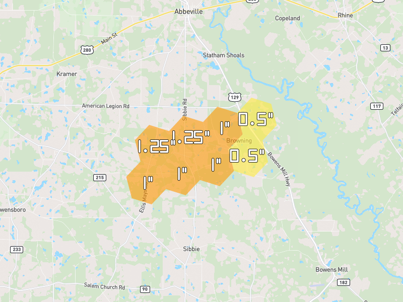 Hail map of Abbeville, GA on Jul 9, 2026, hail up to 1.25"