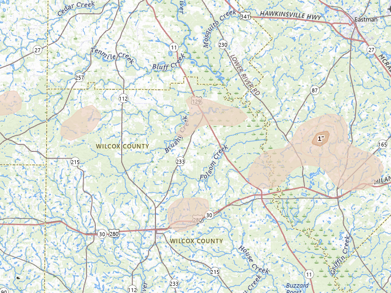 Radar-estimated hail-size map of the storm over Abbeville, GA on Aug 11, 2026