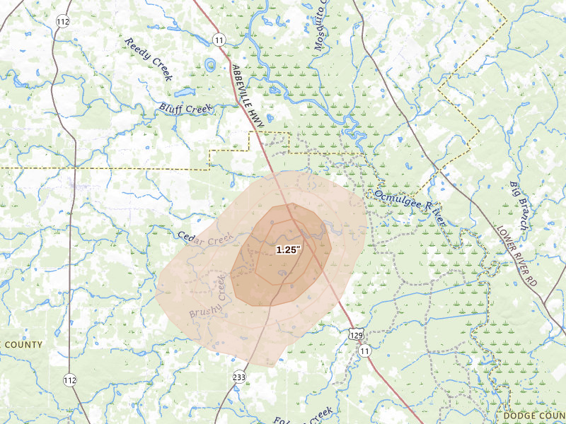 Radar-estimated hail-size map of the storm over Abbeville, GA on Aug 21, 2026