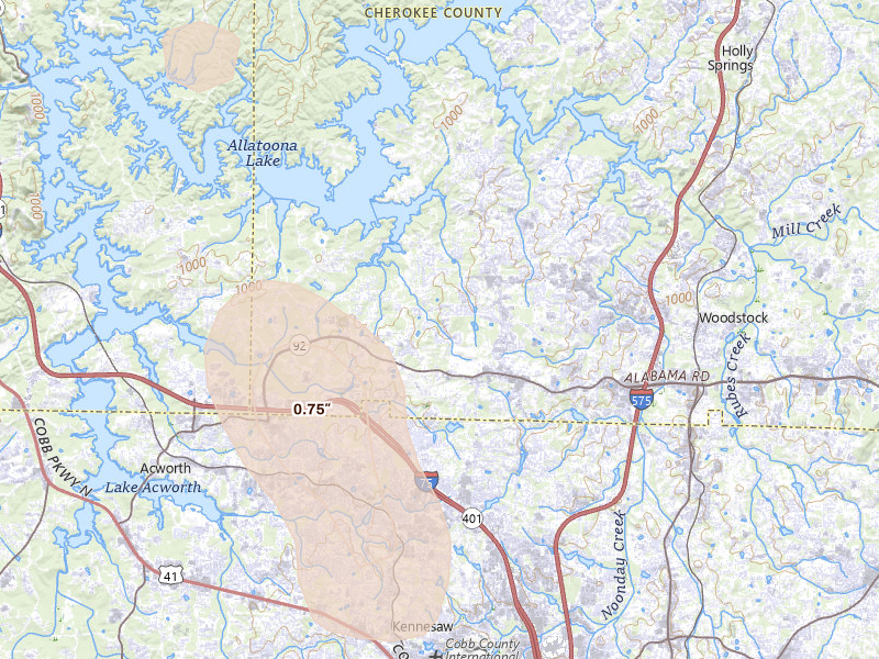 Radar-estimated hail-size map of the storm over Acworth, GA on Jul 3, 2026