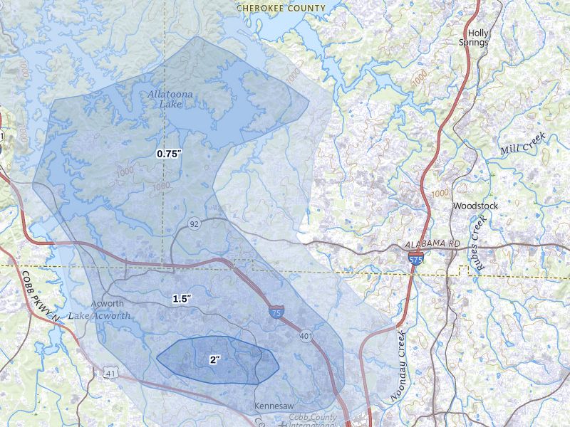 NEXRAD radar-signature map of the hail storm over Acworth, GA on Jul 3, 2026