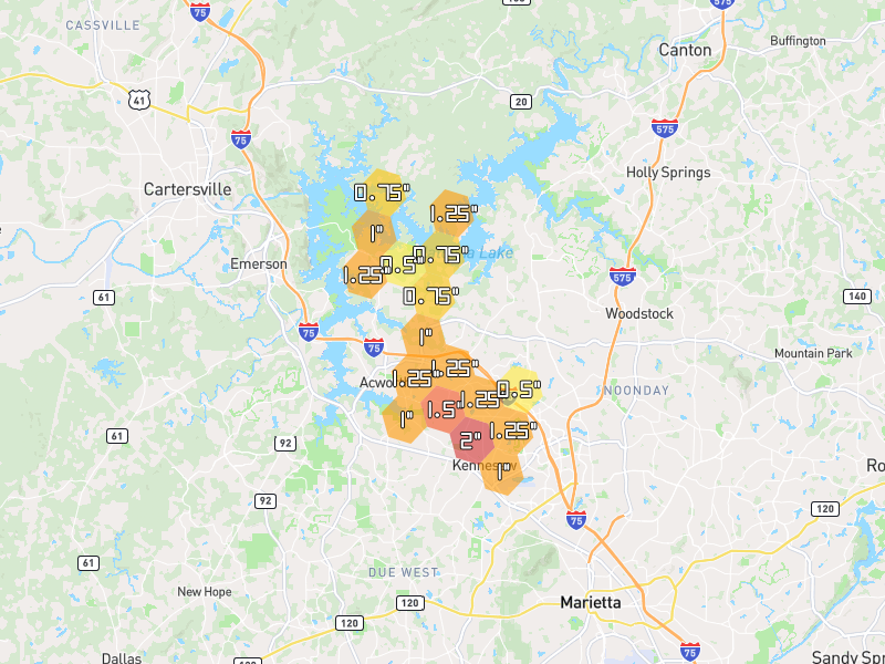 Hail map of Acworth, GA on Jul 3, 2026, hail up to 2"