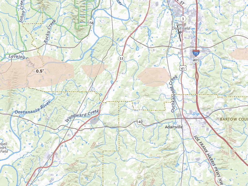 Radar-estimated hail-size map of the storm over Adairsville, GA
