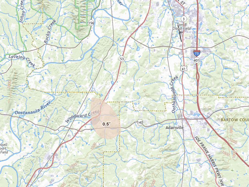 Radar-estimated hail-size map of the storm over Adairsville, GA on Jul 2, 2026