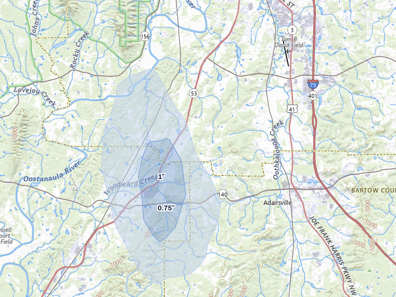 NEXRAD radar-signature map of the hail over Adairsville, GA
