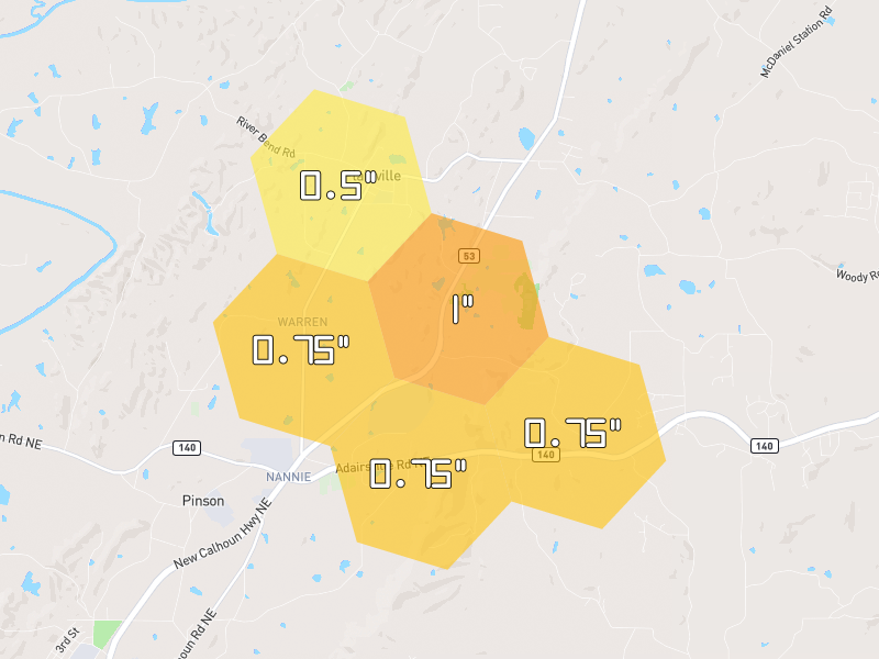 Hail map of Adairsville, GA on Jul 2, 2026, hail up to 1"