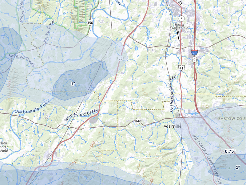 NEXRAD radar-signature map of the hail storm over Adairsville, GA on Jul 3, 2026