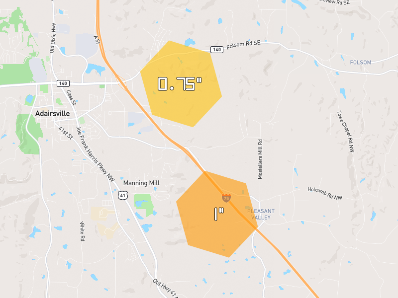 Hail map of Adairsville, GA on Jul 3, 2026, hail up to 1"