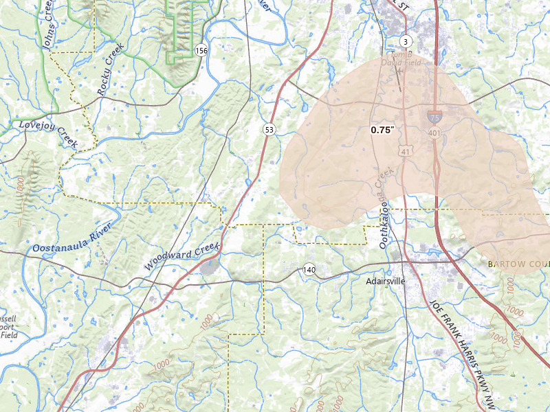 Radar-estimated hail-size map of the storm over Adairsville, GA on Jul 5, 2026
