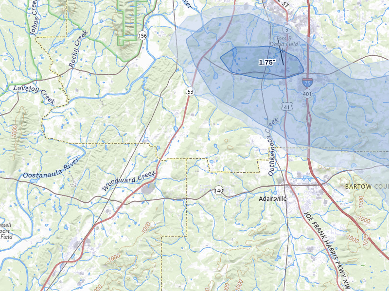 NEXRAD radar-signature map of the hail storm over Adairsville, GA on Jul 5, 2026
